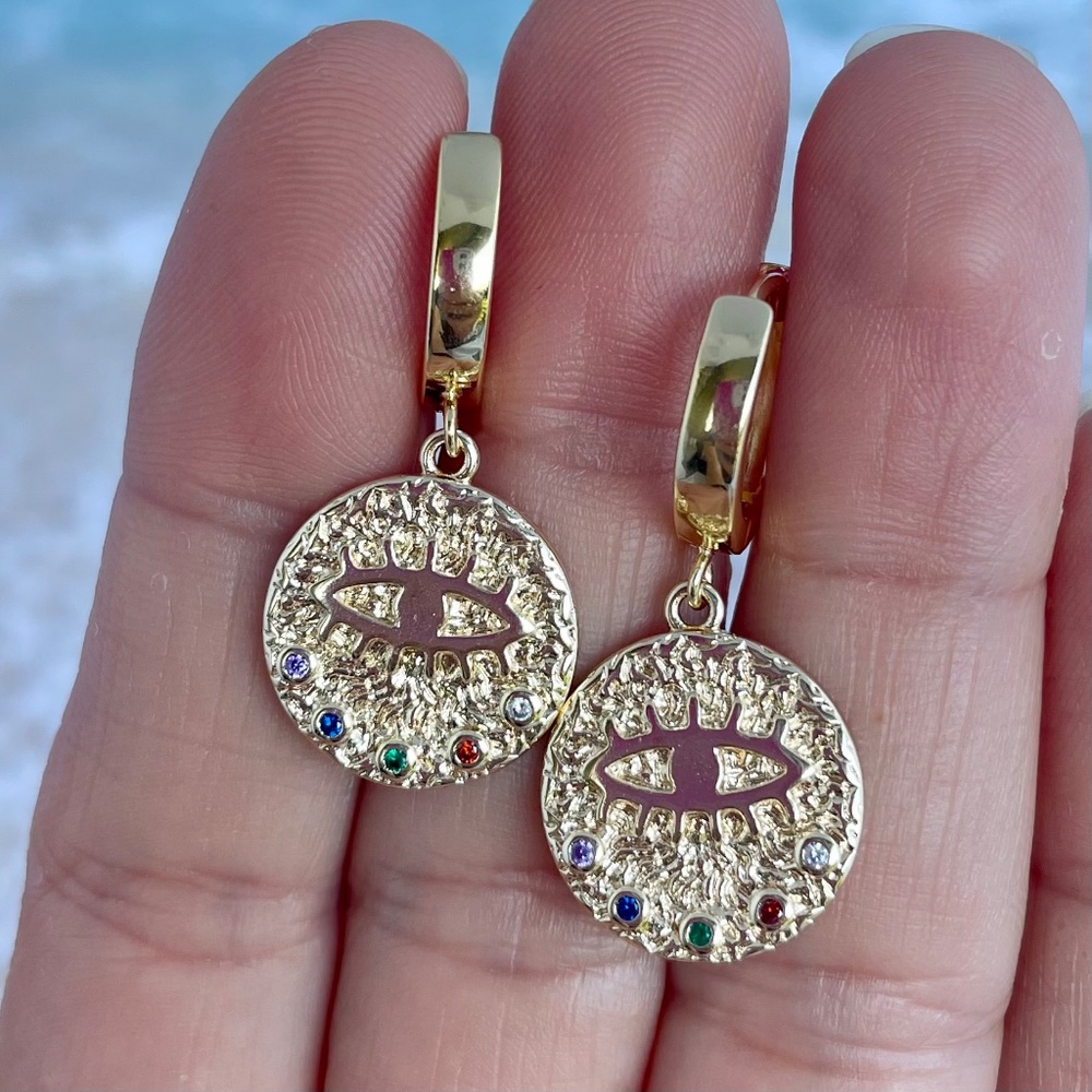 Handmade Evil Eye Coin Hoop Earrings 18K Gold Plated Medallion Dangle…